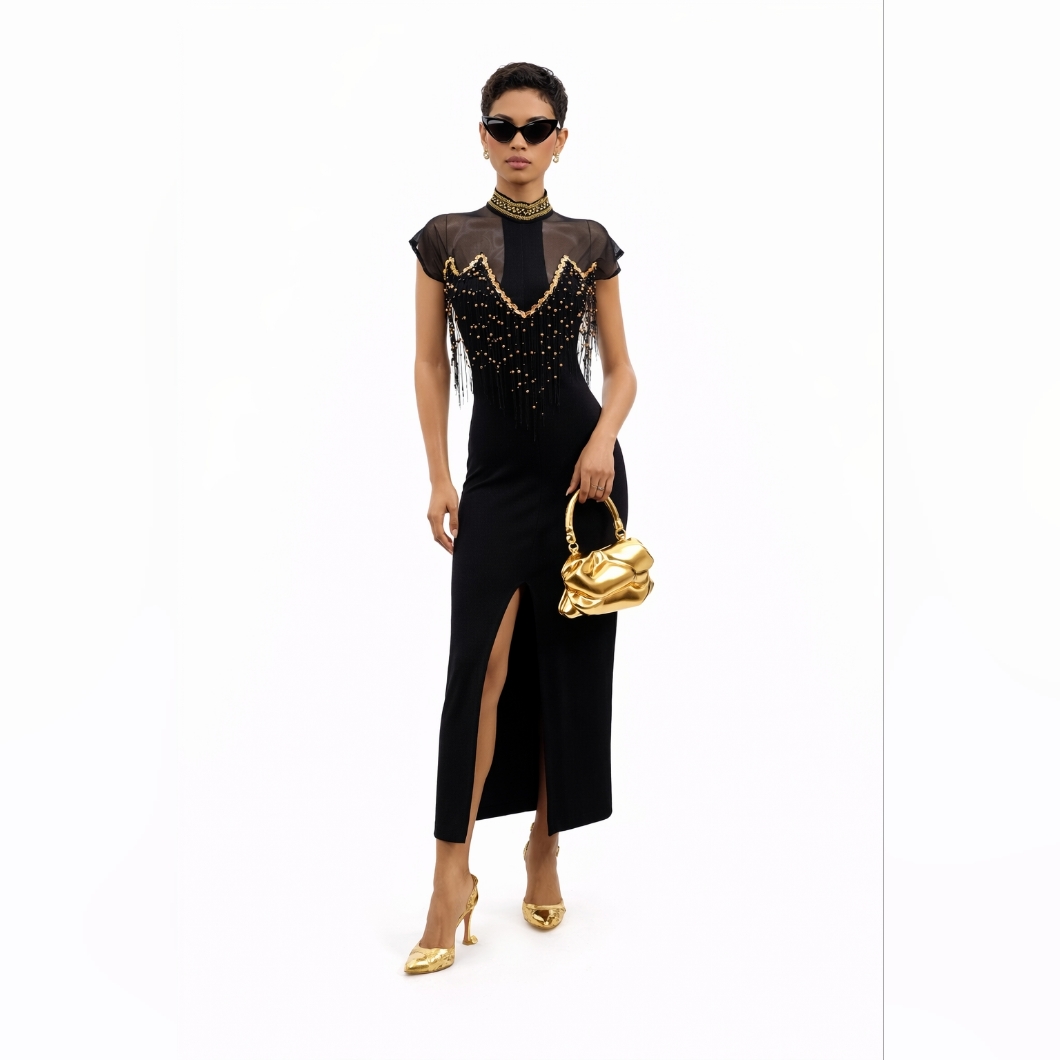 4-U Black Beaded Fringe Evening Bodycon Party Cocktail Midi Dress Glam S